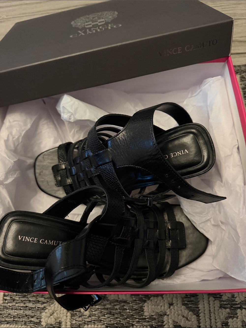 Vince Camuto Black Leather Woven Heel Sandals